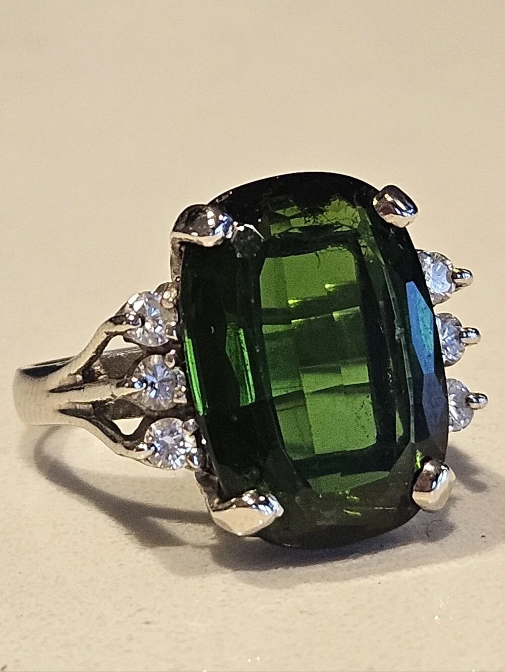 Estate 14k WG 11ct Natural Green Tourmaline Diamond Cocktail Ring Sz 5.5